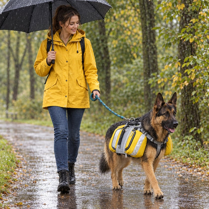Harnais chien randonnée jaune berger allemand promené sous la pluie