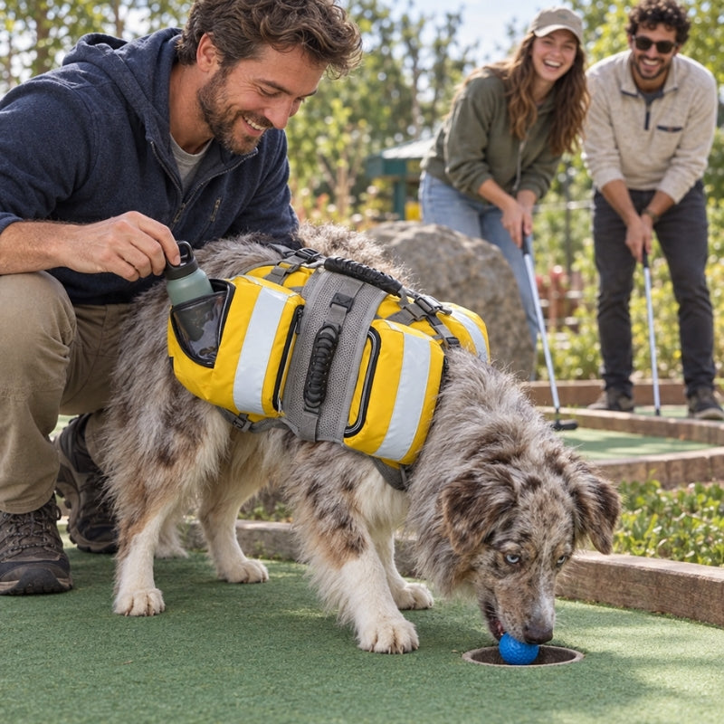 Harnais chien randonnée jaune chien prenant une balle au minigolf