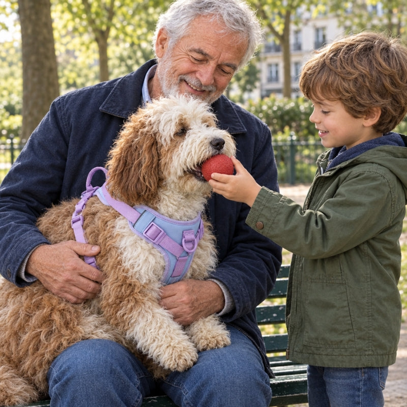 Harnais chien randonnée lilas sur un chien tenu par un grand-père pendant qu’un garçon lui présente une balle rouge