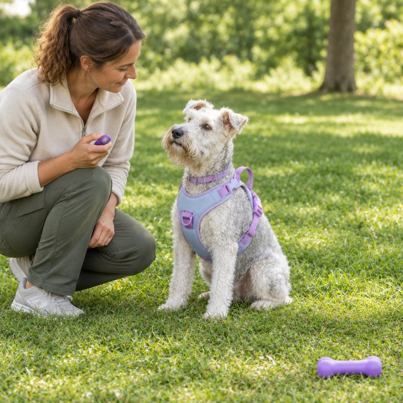 Harnais chien randonnée lilas sur un petit chien assis face à une femme tenant un clicker dans un parc