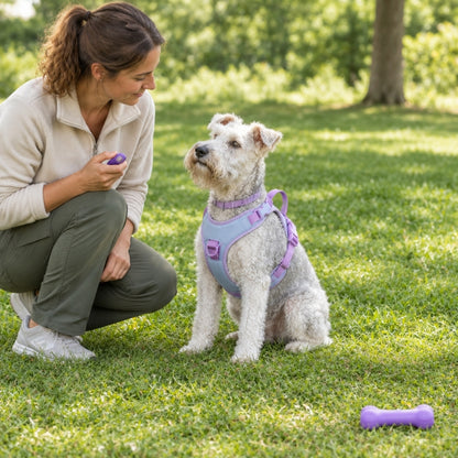 Harnais chien randonnée lilas sur un petit chien assis face à une femme tenant un clicker dans un parc