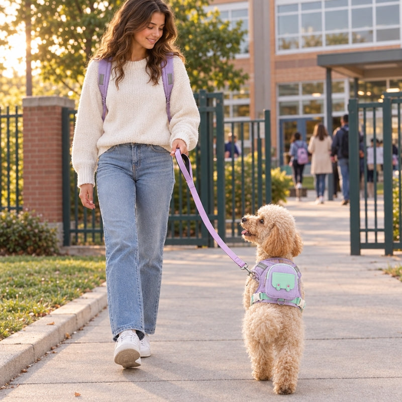 harnais chien randonnée mauve caniche avec une femme devant école