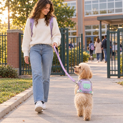 harnais chien randonnée mauve caniche avec une femme devant école