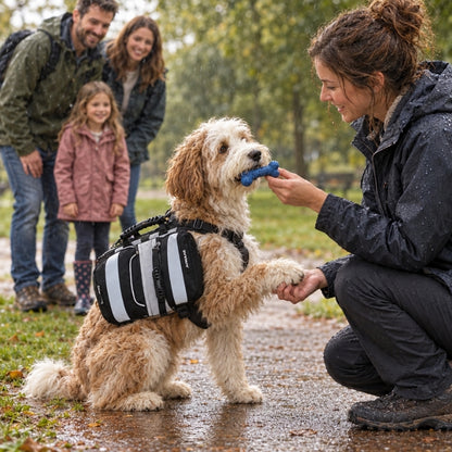 Harnais chien randonnée noir chien donnant la patte au parc