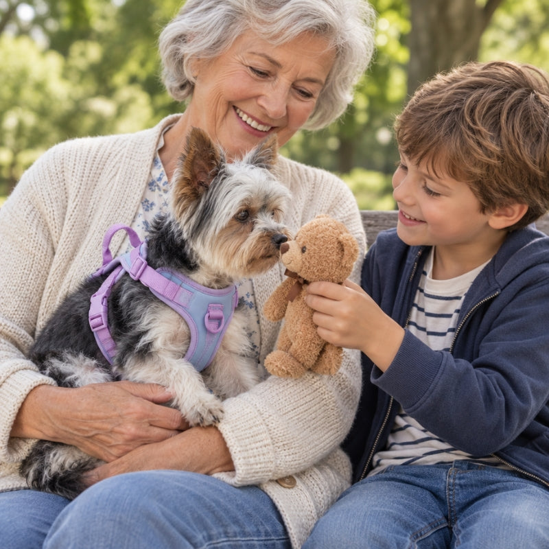 Harnais chien randonnée lilas sur un chien tenu par un grand-père pendant qu’un garçon lui présente une balle rouge