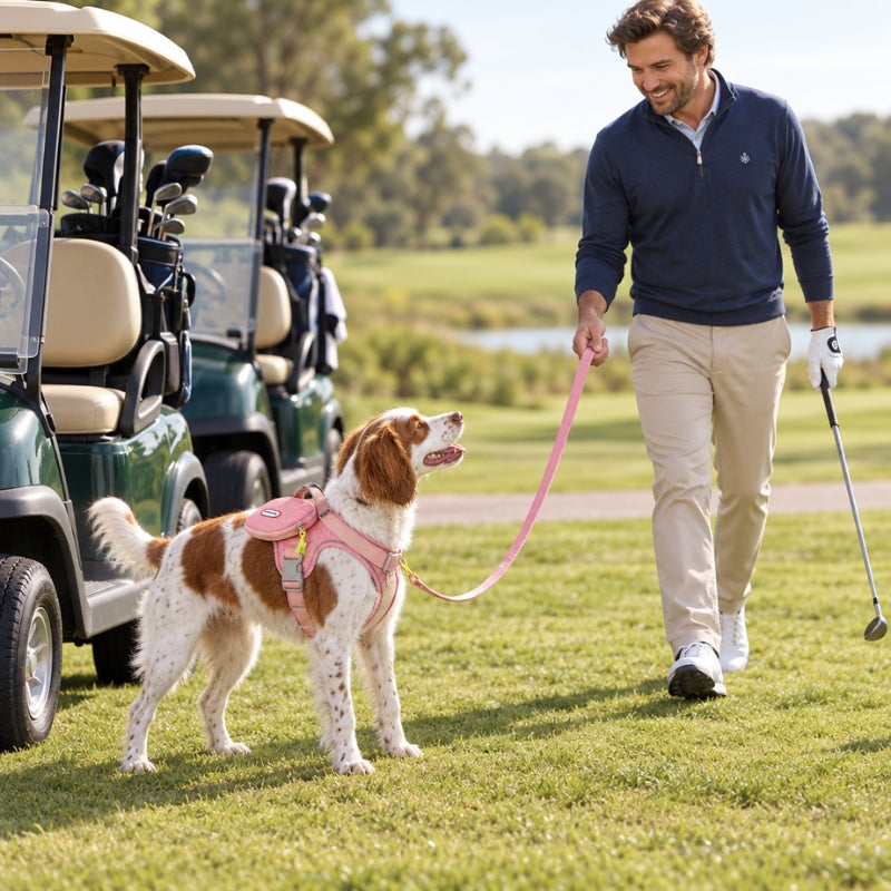 Harnais chien randonnée rose épagneul près des voiturettes de golf