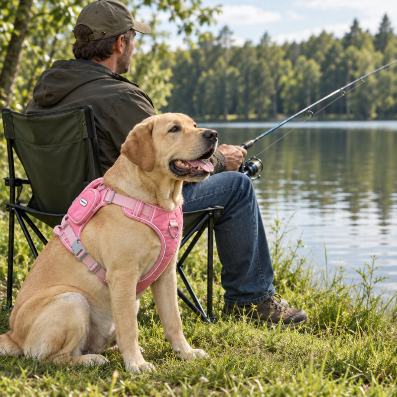 Harnais chien randonnée rose labrador près du pêcheur au lac