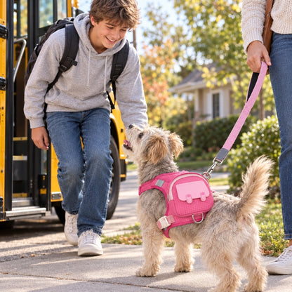 harnais chien randonnée rose retrouvailles avec un adolescent devant autobus
