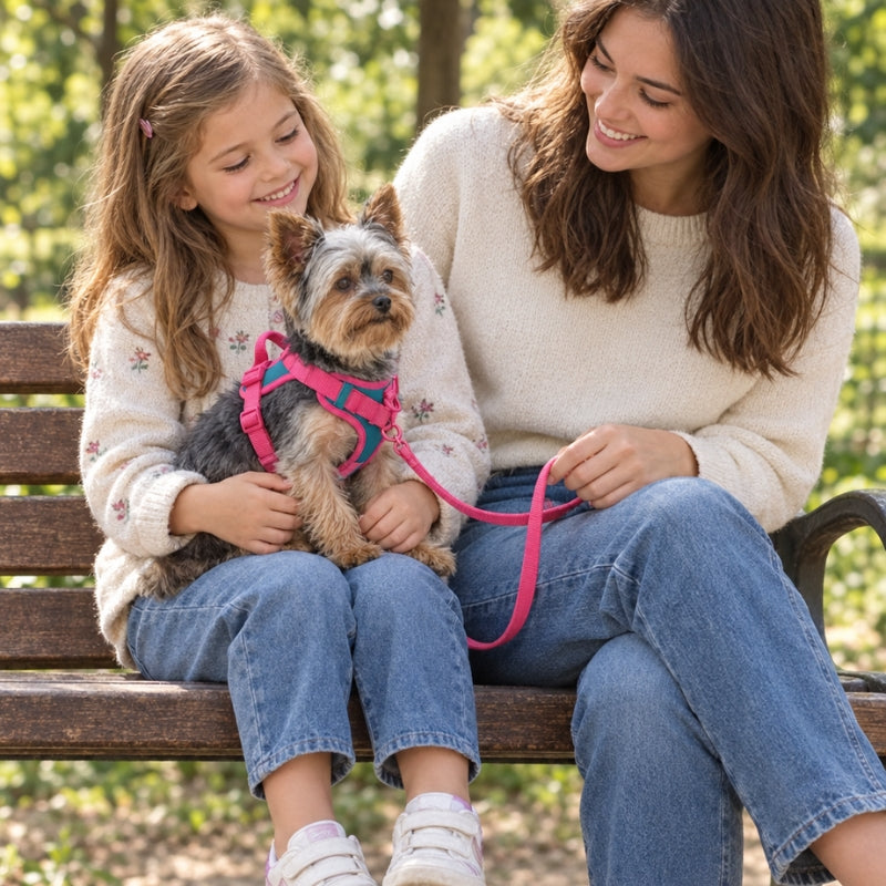 Harnais chien randonnée rouge framboise sur un petit chien installé sur les genoux d’une fillette assise près d’une femme