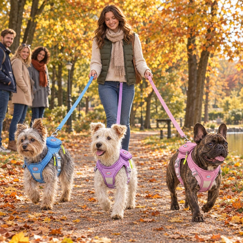 Harnais chien randonnée tricolores trois chiens promenés en parc automnal