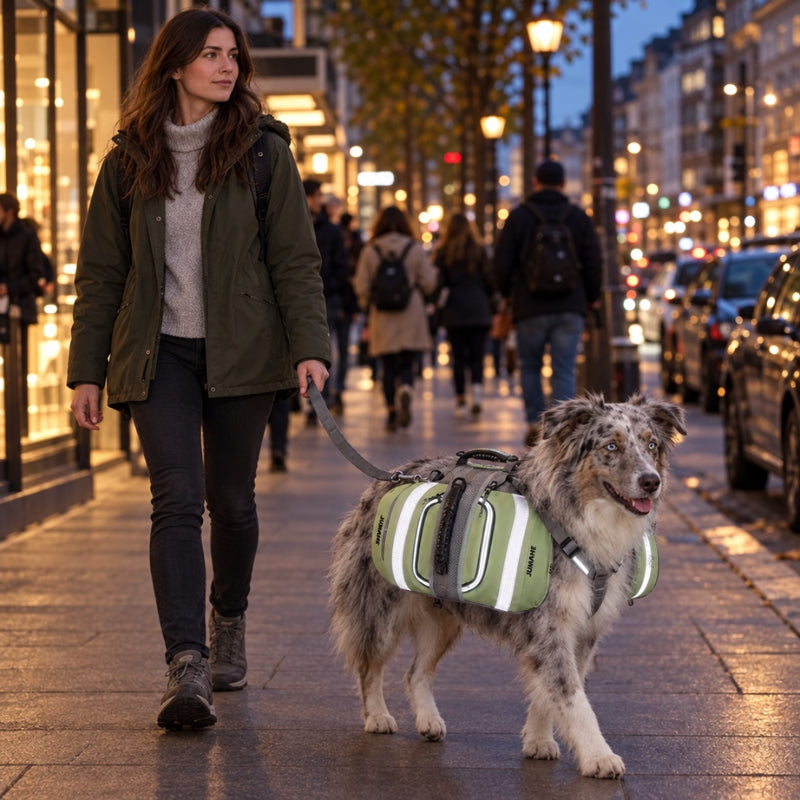 Harnais chien randonnée vert réfléchissant chien promené en ville le soir