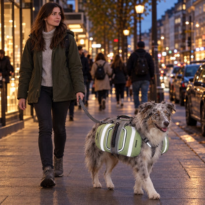 Harnais chien randonnée vert réfléchissant chien promené en ville le soir