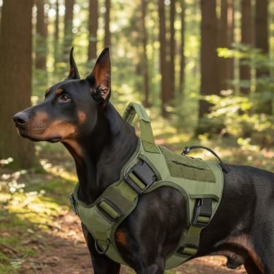 Harnais chien vert dans un sentier