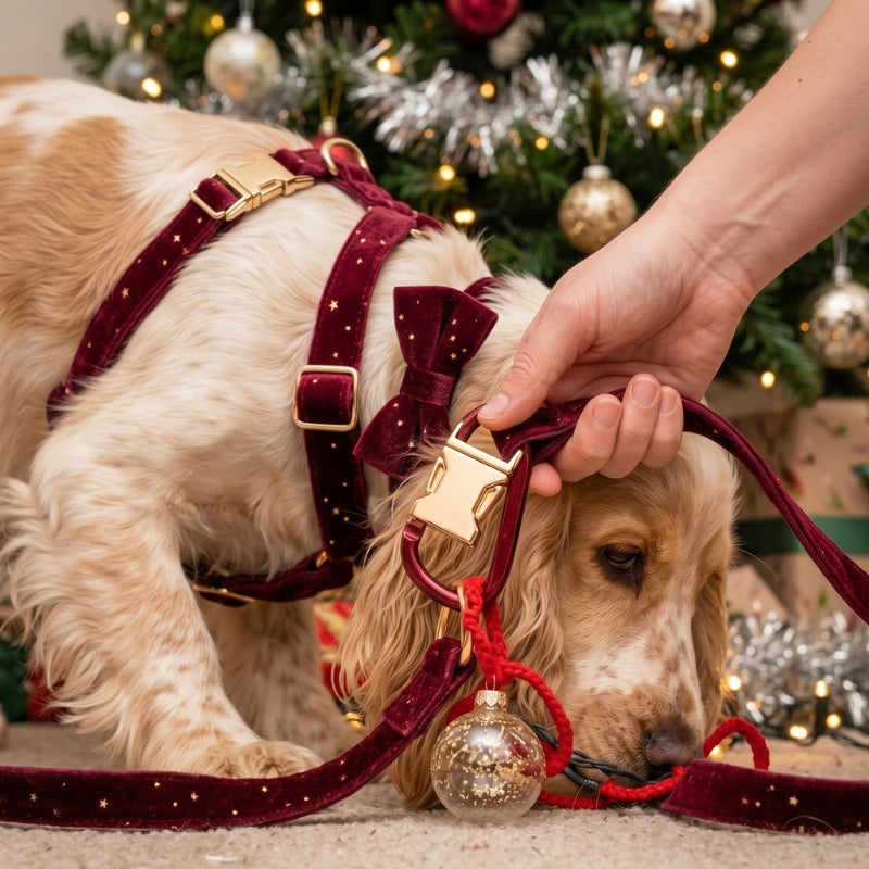 Harnais pour chien à action rapide permettant à sa maîtresse de libérer un chien pris dans une corde près du sapin de Noël
