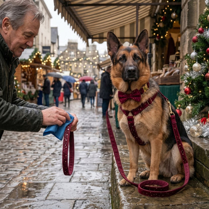 Harnais pour chien berger allemand avec son maître au marché de Noël