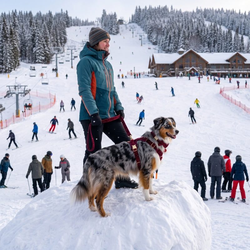 Harnais pour chien berger australien en promenade à la montagne dans la neige