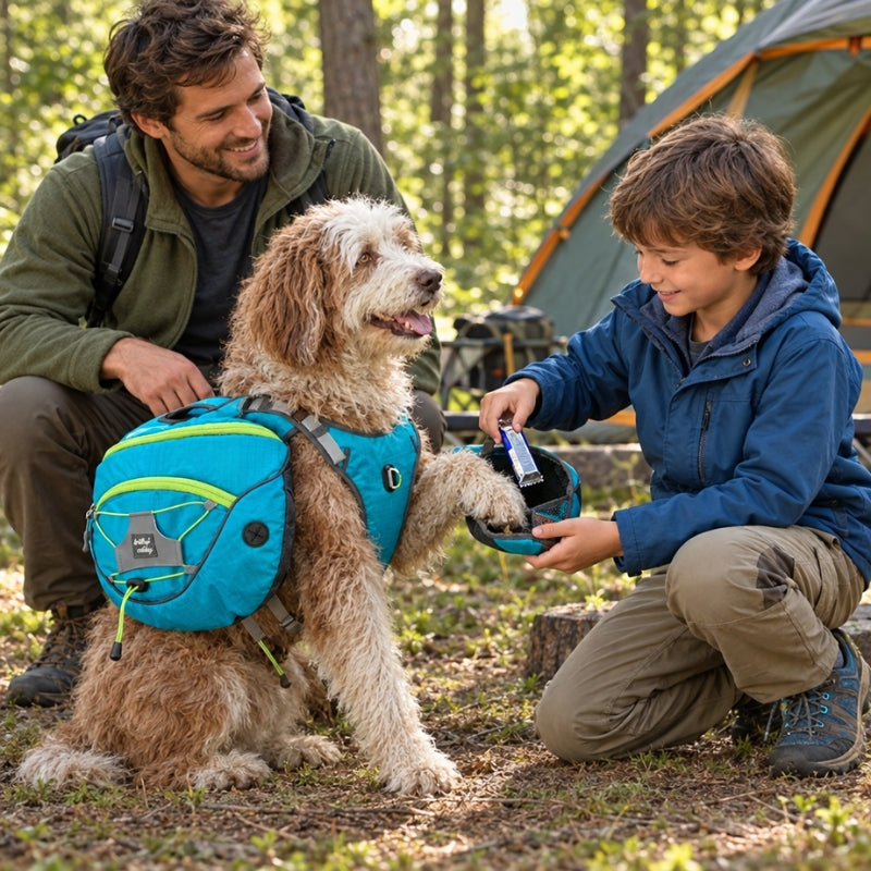 Harnais pour chien bleu à poches sur un chien brun et blanc avec un homme et un garçon au camping