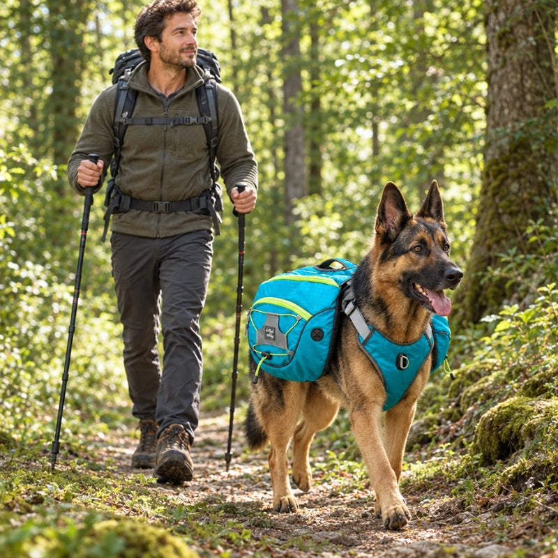 Harnais pour chien bleu sur un berger allemand accompagnant un randonneur avec sac à dos et bâtons en forêt