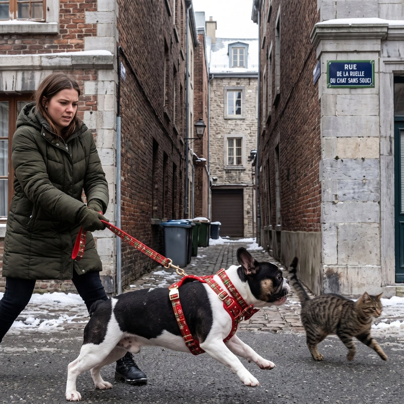 Harnais pour chien chat devant le chien son maître retient son bulldog
