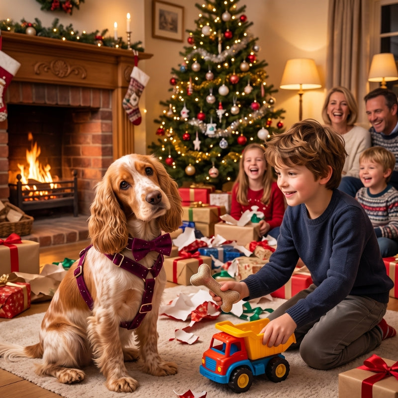 Harnais pour chien cocker anglais avec un enfant dans un salon de Noël