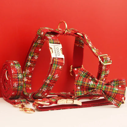 Harnais pour chien de Noël rouge avec laisse et nœud papillon à motifs festifs