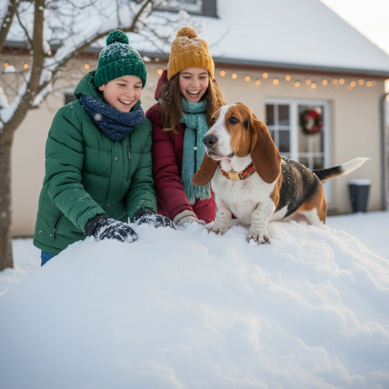 Harnais pour chien enfants jouent sur une montagne de neige