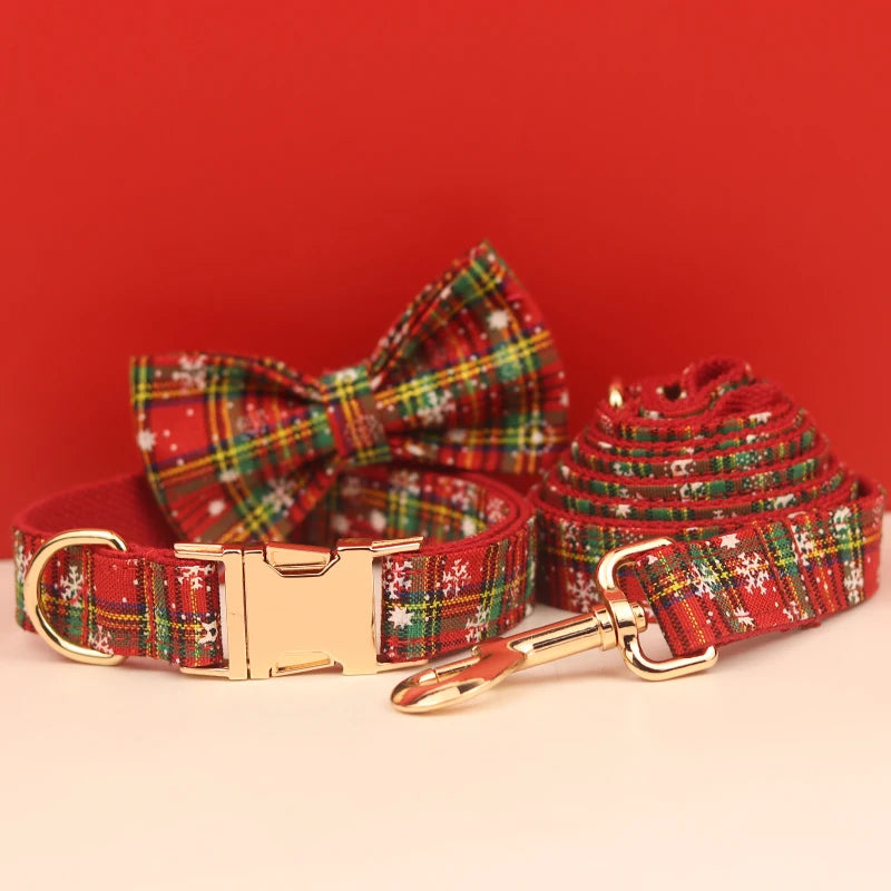 Harnais pour chien ensemble collier laisse et nœud papillon de Noël rouges à motifs festifs