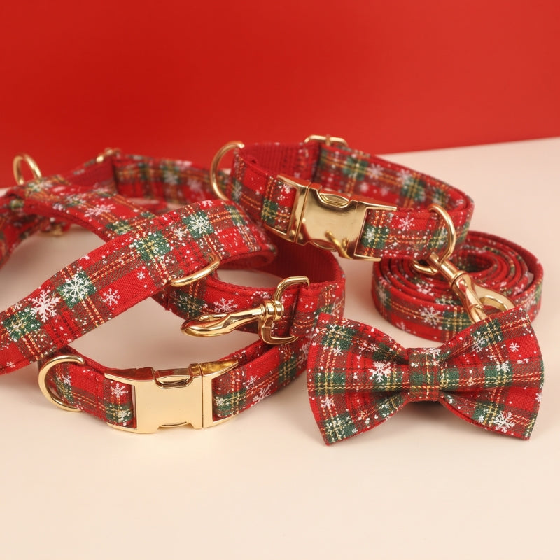 Harnais pour chien ensemble collier nœud papillon laisse et harnais de Noël rouge à motifs festifs