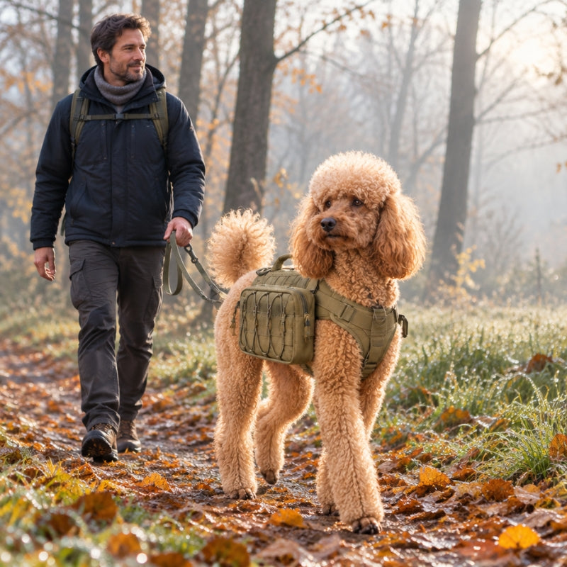 Harnais pour chien kaki caniche royal avec François parmi les feuilles automnales