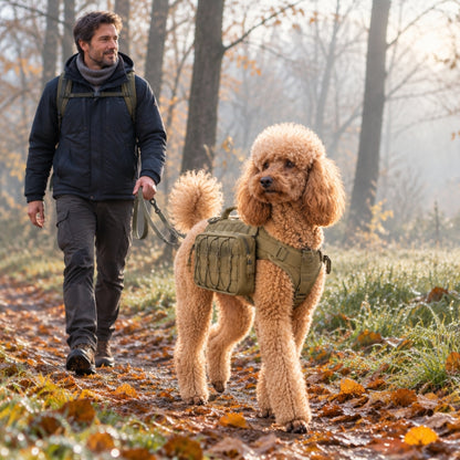 Harnais pour chien kaki caniche royal avec François parmi les feuilles automnales