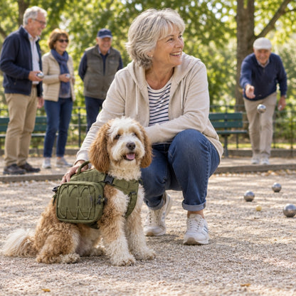 Harnais pour chien kaki chien assis près de Julie jouant à la pétanque