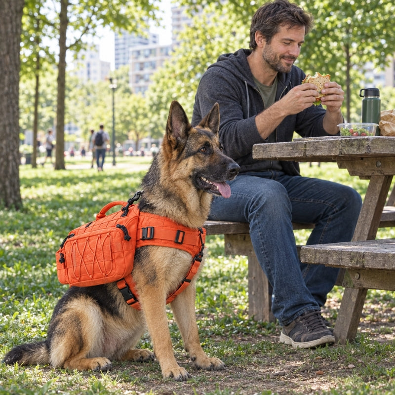 Harnais pour chien orange berger allemand assis près de François qui déjeune