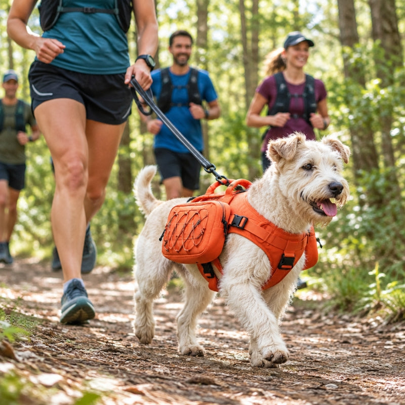Harnais pour chien orange chien blanc courant avec des coureurs en forêt