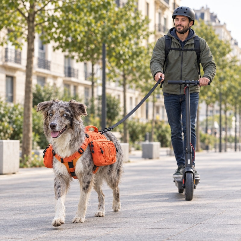 Harnais pour chien orange chien devant François en trottinette électrique en ville
