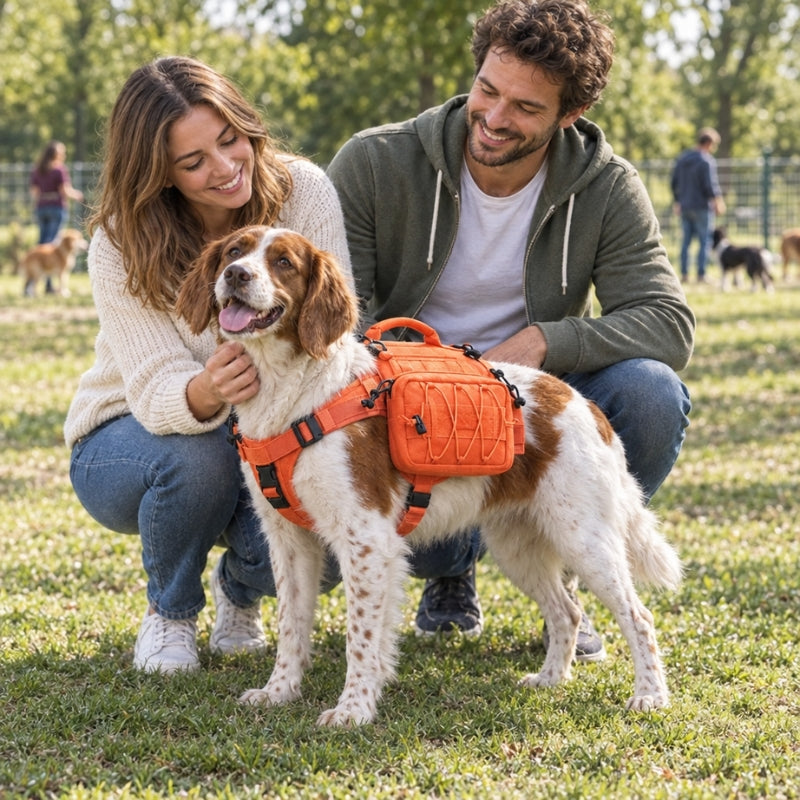 Harnais pour chien orange épagneul près de Julie et François au parc
