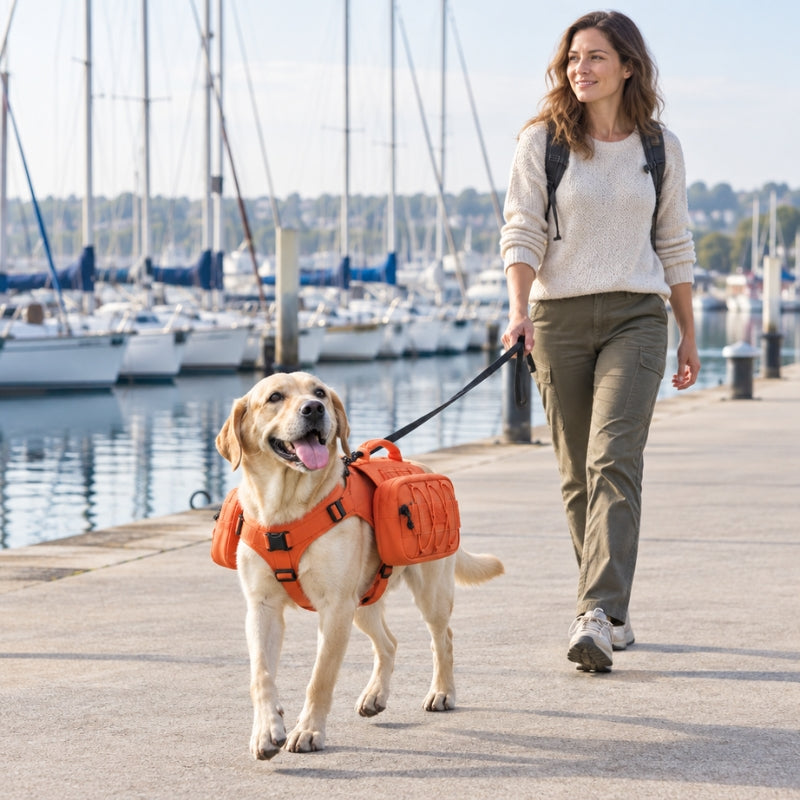 Harnais pour chien orange labrador avec Marie sur un quai bordé de voiliers