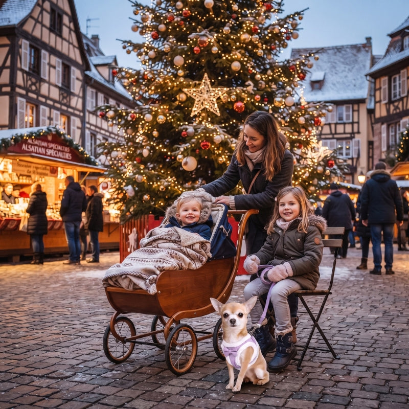 Harnais pour chien porté par un petit chien blanc au milieu d’une place animée décorée pour Noël avec un grand sapin illuminé des passants et des bâtiments autour