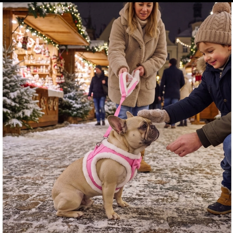 Harnais pour chien rose porté par un petit chien vu de dos dans une allée de marché décorée pour Noël tandis que des personnes se penchent vers lui