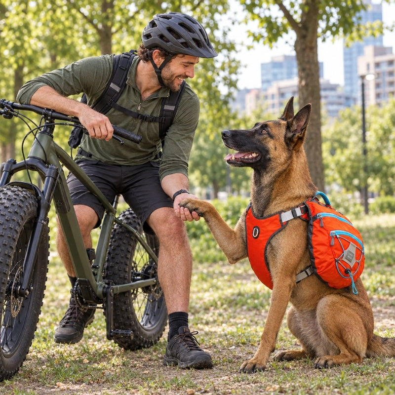 Harnais pour chien rouge orangé sur un berger belge donnant la patte à un homme près de son vélo
