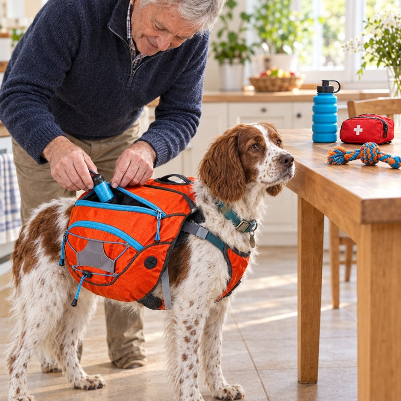 Harnais pour chien rouge orangé sur un épagneul pendant qu’un homme remplit sa poche dans la cuisine