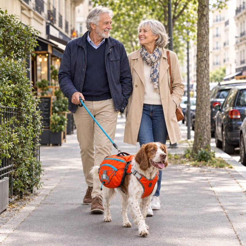 Harnais pour chien rouge orangé sur un épagneul promené en laisse par un couple âgé en ville