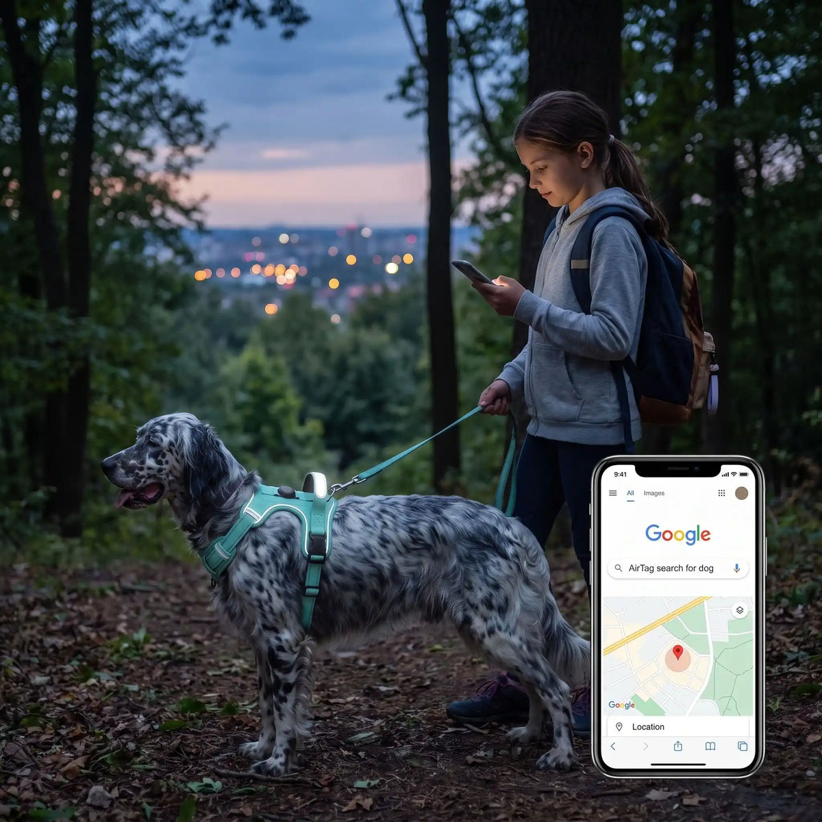 Harnais pour chien vert menthe AirTag en forêt