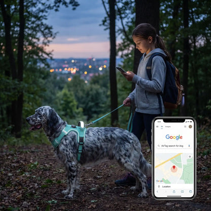 Harnais pour chien vert menthe AirTag en forêt