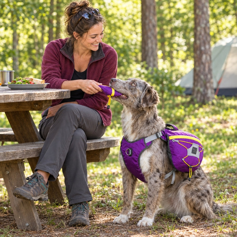 Harnais pour chien violet sur un chien assis près d’une femme à une table de pique-nique au camping