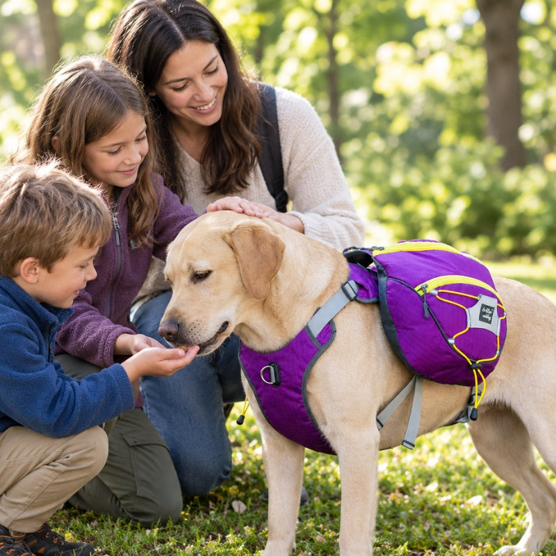 Harnais pour chien violet sur un labrador entouré d’une maman et de deux enfants dans un parc