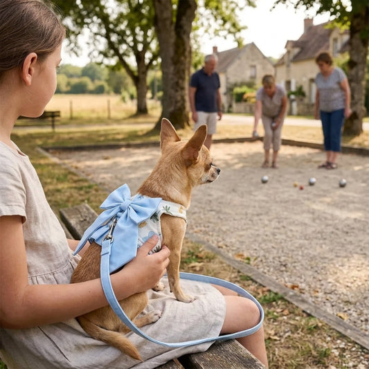 Harnais pour petit chien bleu fleuri chihuahua sur les genoux d une femme au parc