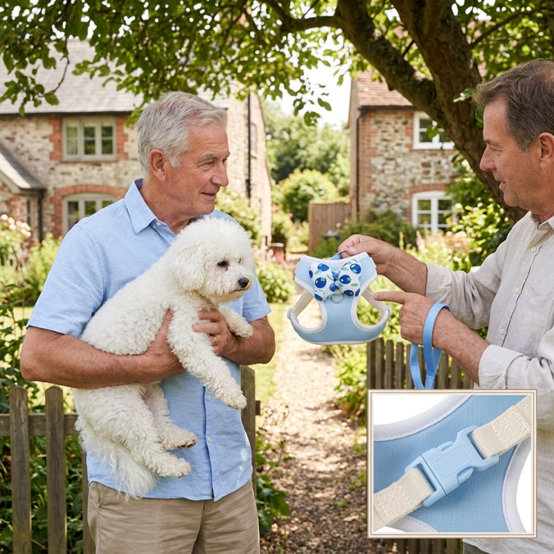 Harnais pour petit chien bleu présenté à un homme portant un chien blanc