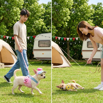 Harnais pour petit chien comparaison de deux chiens en promenade au camping