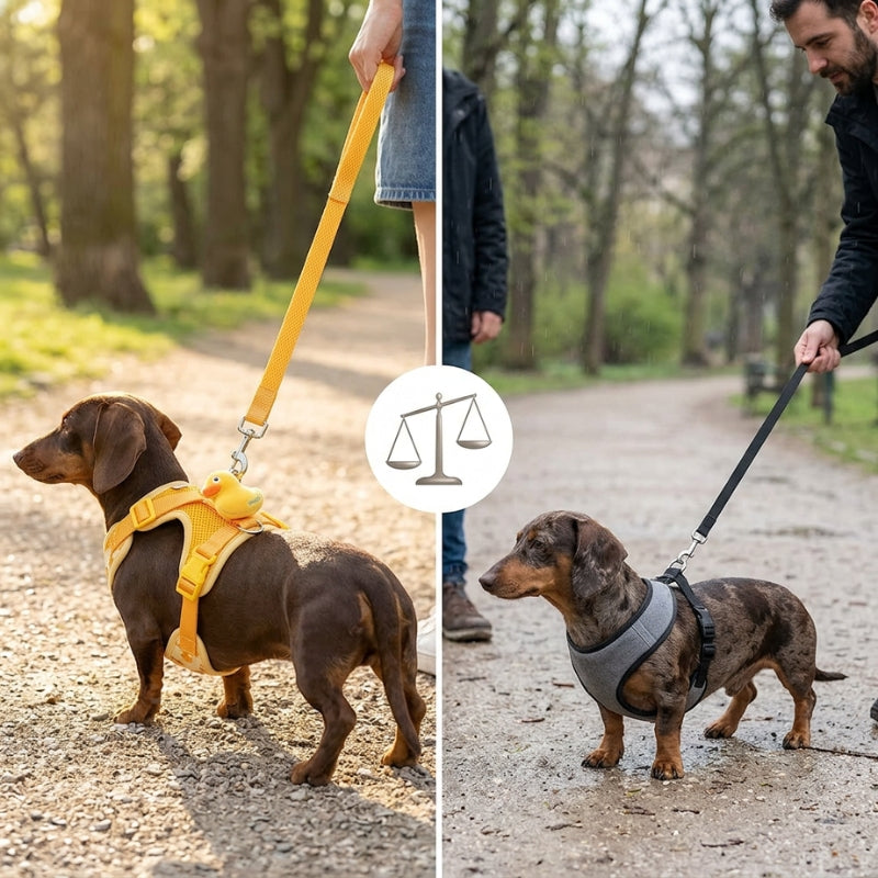 Harnais pour petit chien comparaison de deux teckels avec harnais jaune et harnais gris