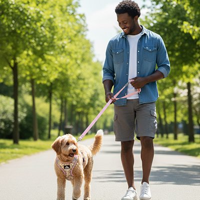 Harnais pour petit chien homme marche avec son chien